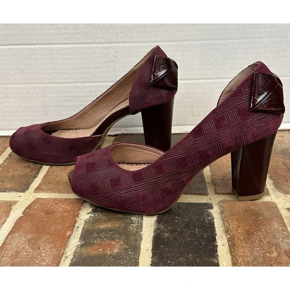 Miss Albright Burgundy Suede Pumps Plaid Peep Toe Patent Leather Heel Bow Wm 9 B